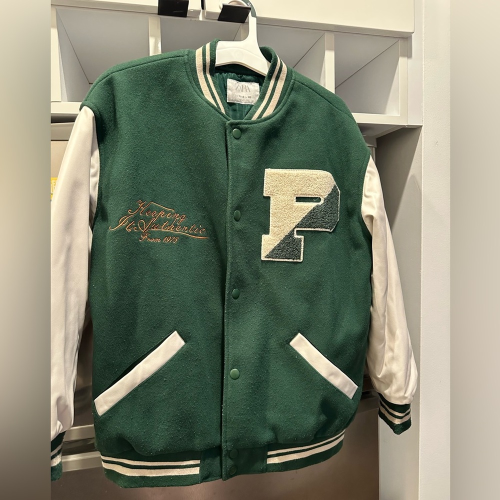 Zara Green and Cream Varsity Jacket